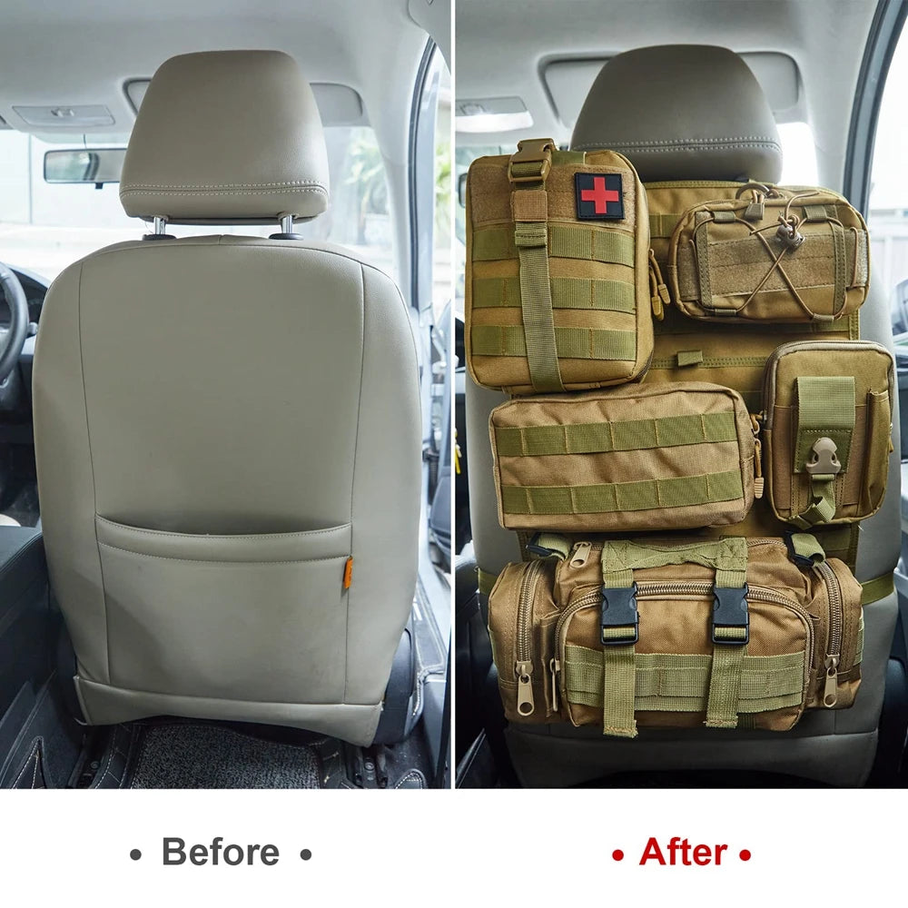 Universal Tactical Seat Back Organizer Vehicle Molle Panel Organizer Storage Bag with 5 Detachable Molle Pouch for All Vehicel