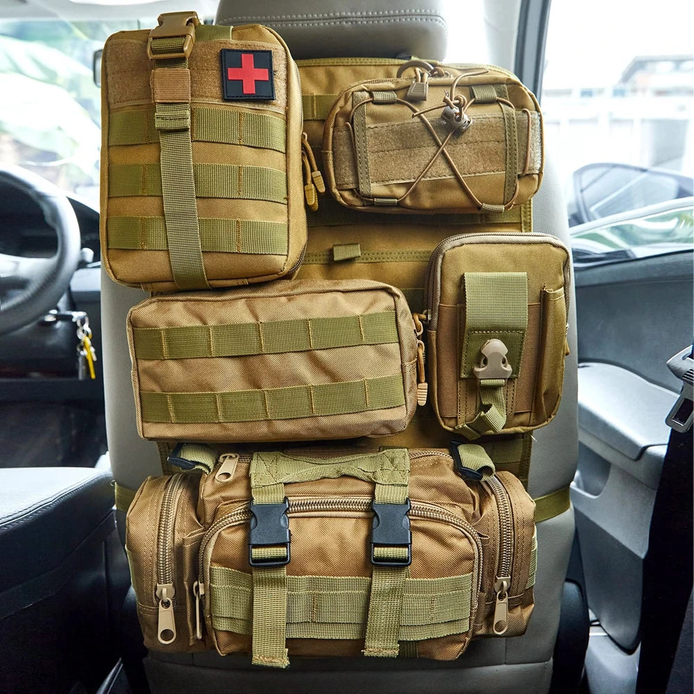 Universal Tactical Seat Back Organizer Vehicle Molle Panel Organizer Storage Bag with 5 Detachable Molle Pouch for All Vehicel