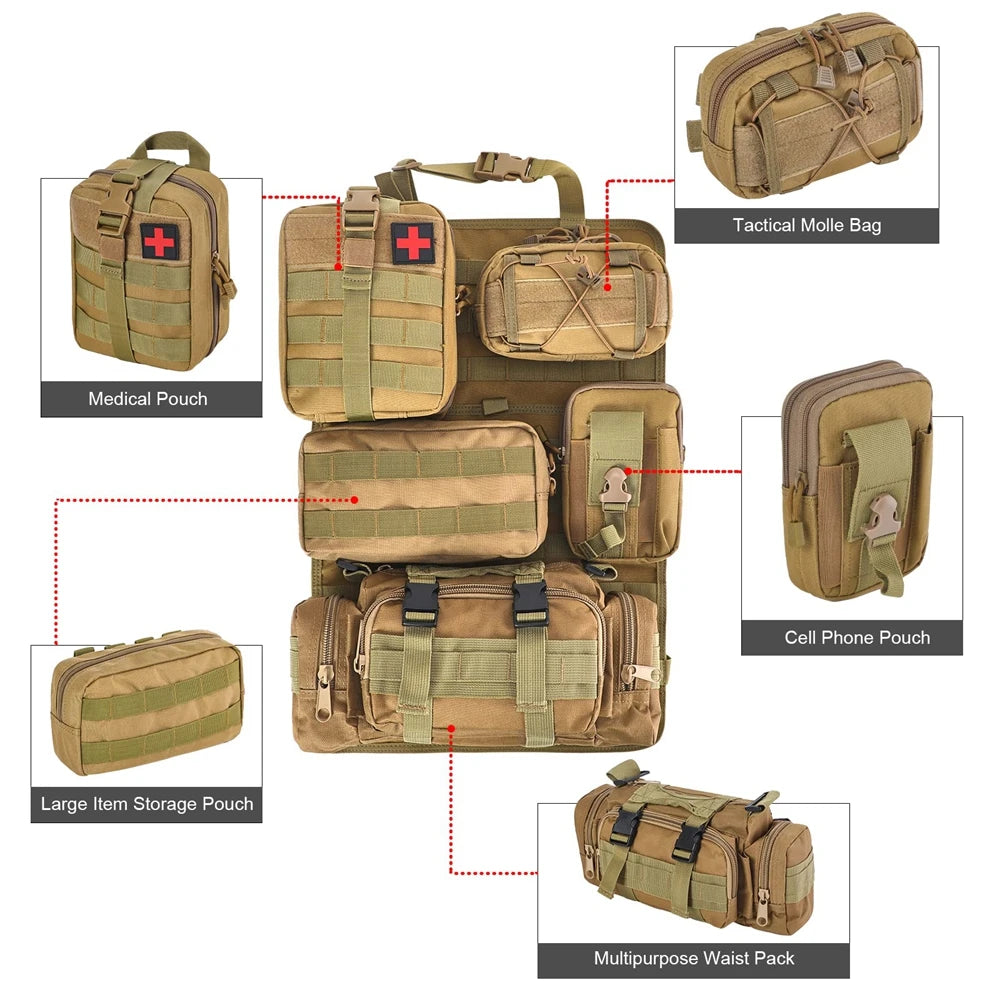 Universal Tactical Seat Back Organizer Vehicle Molle Panel Organizer Storage Bag with 5 Detachable Molle Pouch for All Vehicel