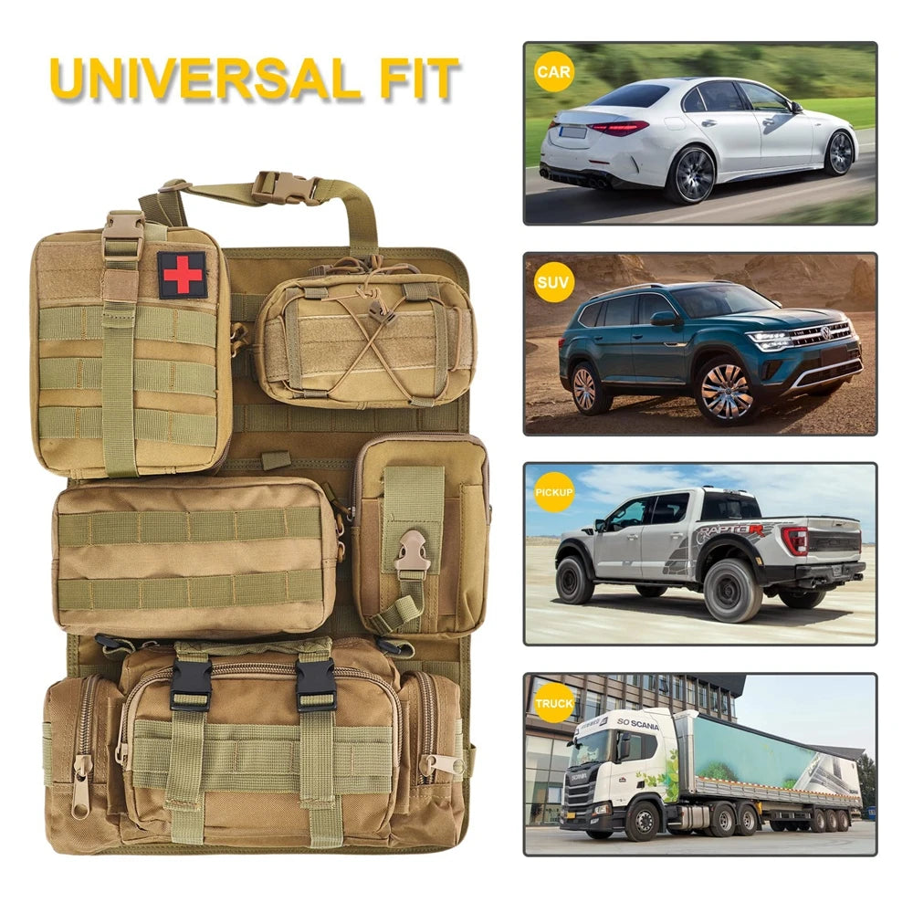Universal Tactical Seat Back Organizer Vehicle Molle Panel Organizer Storage Bag with 5 Detachable Molle Pouch for All Vehicel