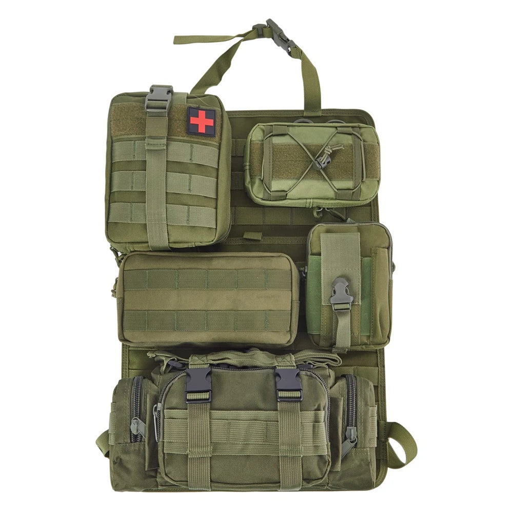 Universal Tactical Seat Back Organizer Vehicle Molle Panel Organizer Storage Bag with 5 Detachable Molle Pouch for All Vehicel