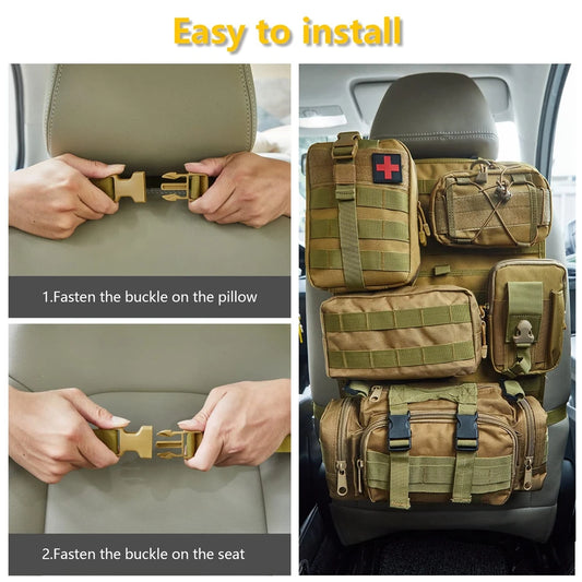 Universal Tactical Seat Back Organizer Vehicle Molle Panel Organizer Storage Bag with 5 Detachable Molle Pouch for All Vehicel